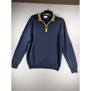 Maus & Hoffman Mens Navy Blue 100% Pima Cotton Quarter Zip Sweater Yellow Trim M